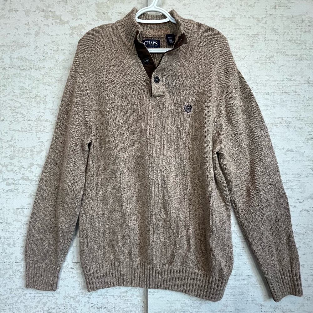 Chaps Mens Tan Brown Sweater Sz XL Tall Elbow Patches Button Neck Ribbed Collar
